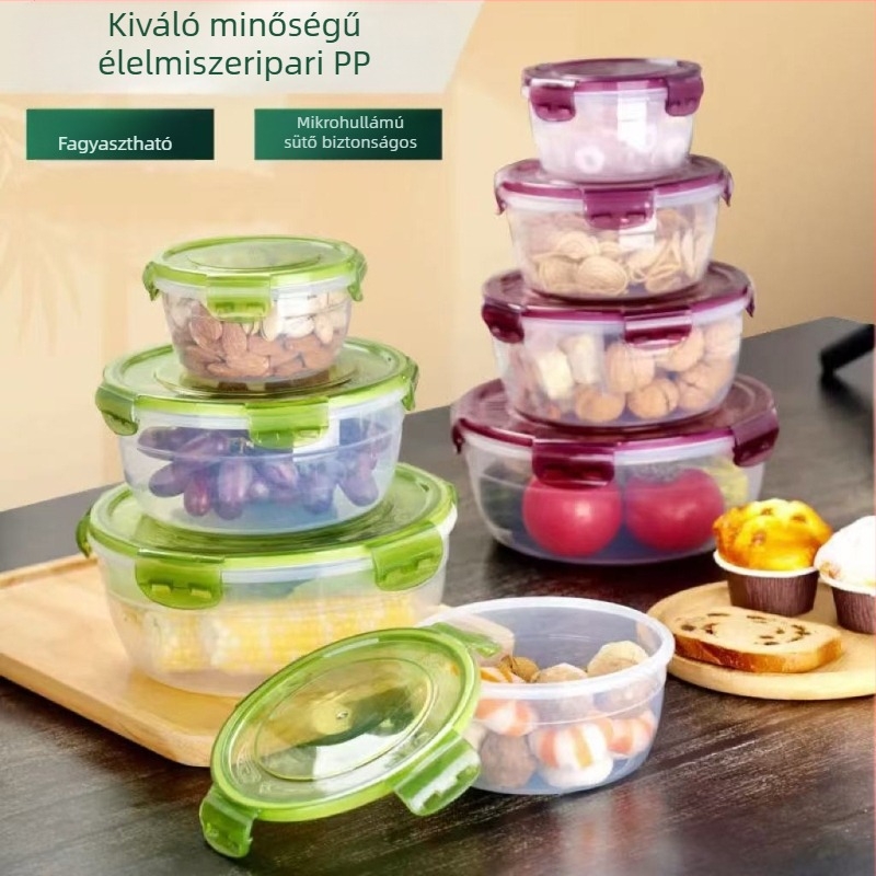 Határokon átnyúló, vastagított műanyag készlet, élelmiszeripari minőségű, nagy kapacitású, lezárt doboz, konyhai, mikrohullámú sütőben használható, kerek, zöldségtároló