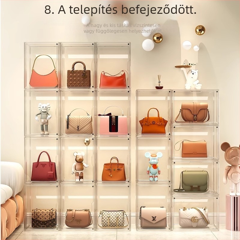 Táskatároló műtárgy luxus átlátszó mágneses abszorpciós doboz akadálymentesített luxus tárolóállvány porálló szövetvitrin szekrény