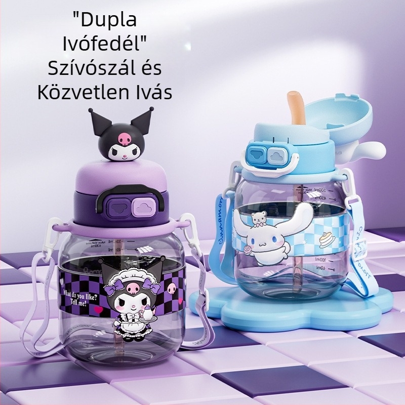 Sanrio Kidsren's Nezha vízipohár nyári lány diák iskoláslány esésgátló hordozható rajzfilm új dupla szívószálas pohár