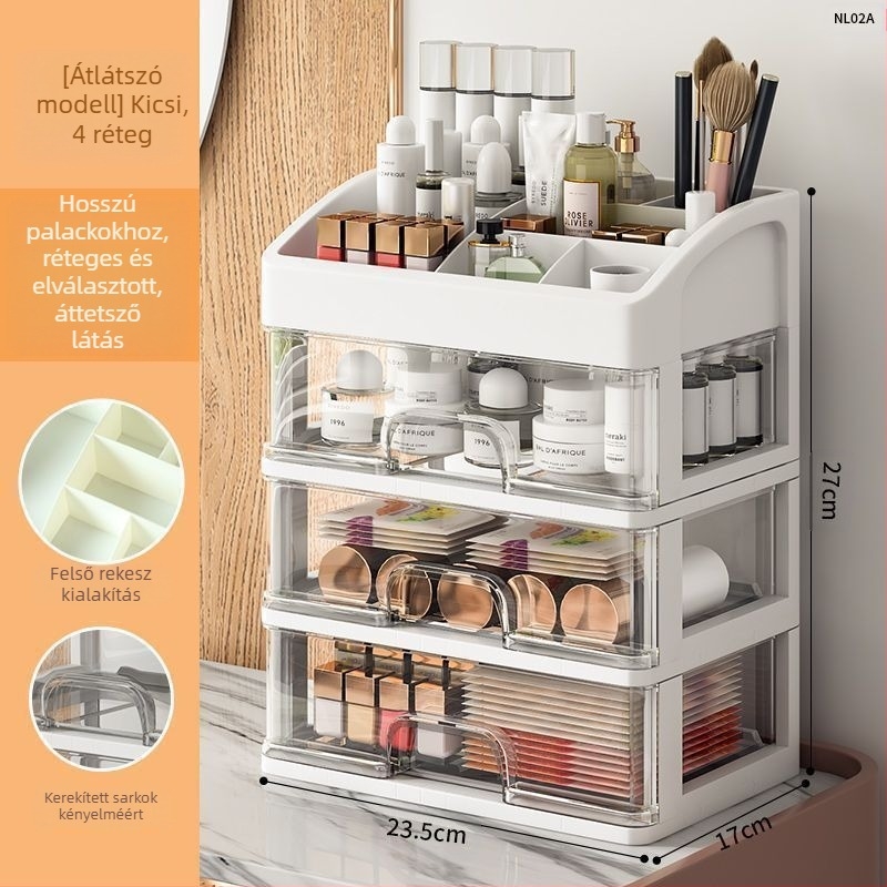 Kozmetikai tárolódoboz, átlátszó asztali fiókos, porálló bőrápoló fésülködőasztal, nagy kapacitású kollégiumi sminkdoboz