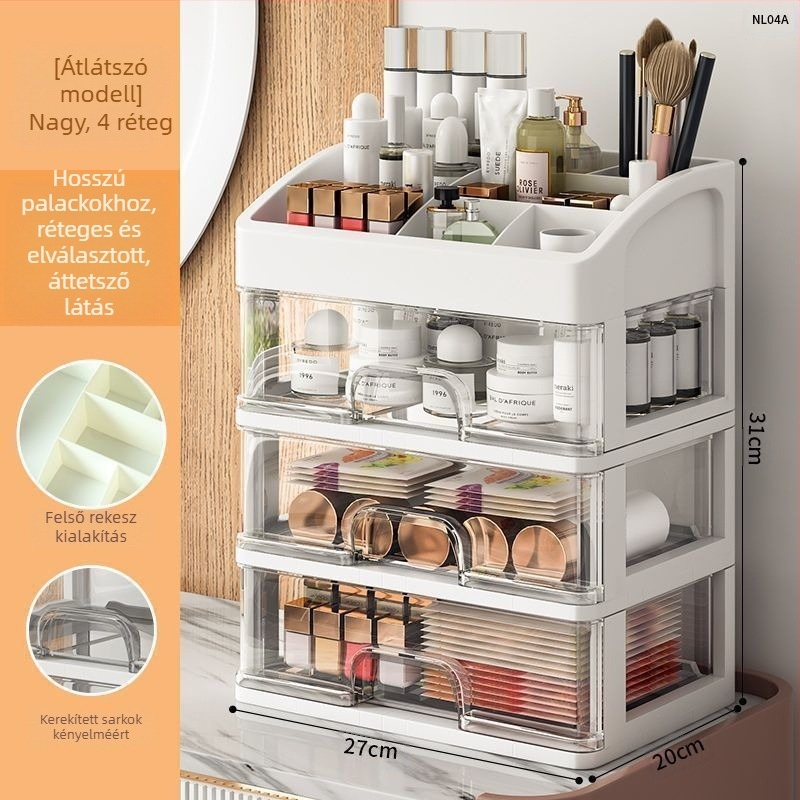 Kozmetikai tárolódoboz, átlátszó asztali fiókos, porálló bőrápoló fésülködőasztal, nagy kapacitású kollégiumi sminkdoboz