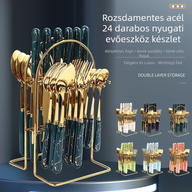 24 darabos, határokon átnyúló rozsdamentes acél étkészlet készlet, új, aranyozott kerámia nyéllel, kés, villa és kanál tárolóállvánnyal, díszdobozos kiszerelésben