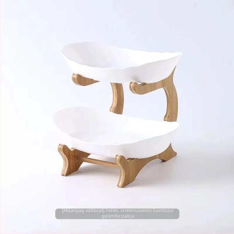 Háromszintes gyümölcstál európai porcelánból bambusz állvánnyal