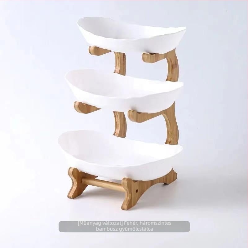 Háromszintes gyümölcstál európai porcelánból bambusz állvánnyal