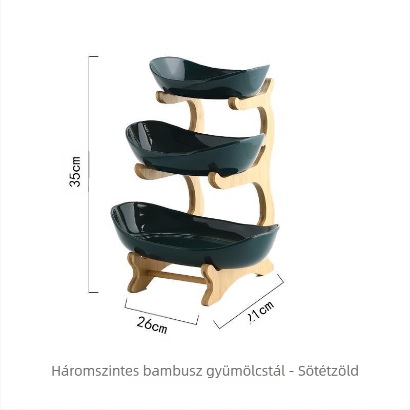 Háromszintes gyümölcstál európai porcelánból bambusz állvánnyal