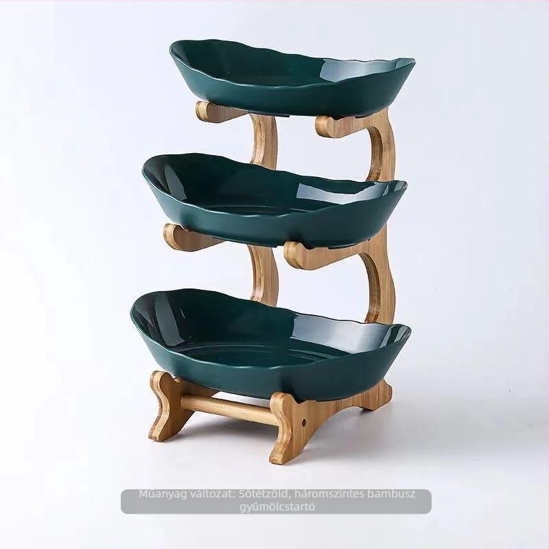 Háromszintes gyümölcstál európai porcelánból bambusz állvánnyal