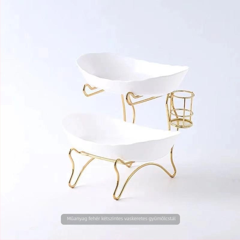 Háromszintes gyümölcstál európai porcelánból bambusz állvánnyal