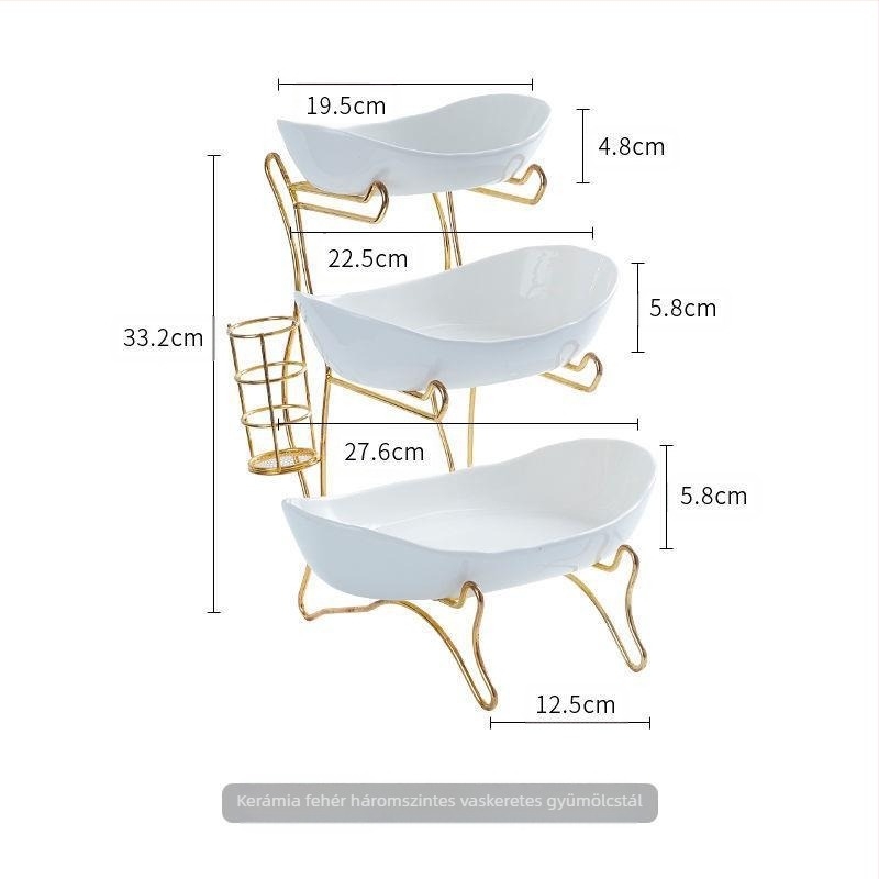 Háromszintes gyümölcstál európai porcelánból bambusz állvánnyal