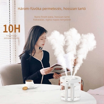 Légnedvesítő, erős ködmennyiségű, némító permet, három fúvóka, nagy kapacitású irodai párásító, aroma diffúzor, hidratáló
