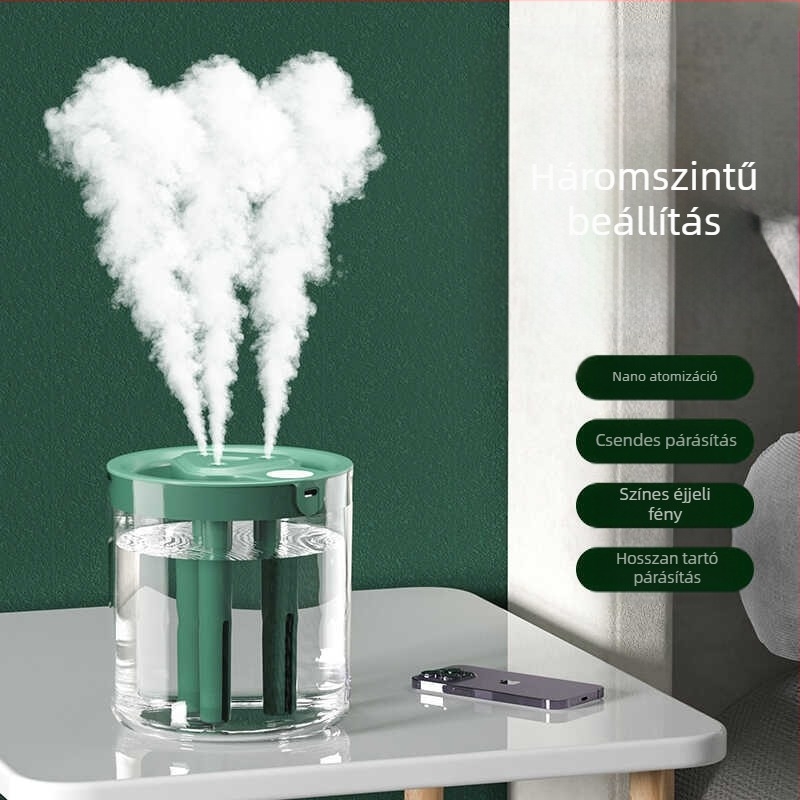 Légnedvesítő, erős ködmennyiségű, némító permet, három fúvóka, nagy kapacitású irodai párásító, aroma diffúzor, hidratáló