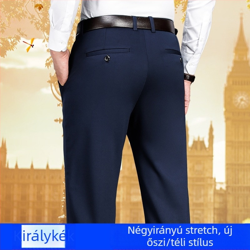 Őszi és téli középkorú és idős apuka nadrág vastag, magas derekú öltönynadrág férfi laza egyenes szabású nadrág plus size lezser nadrág