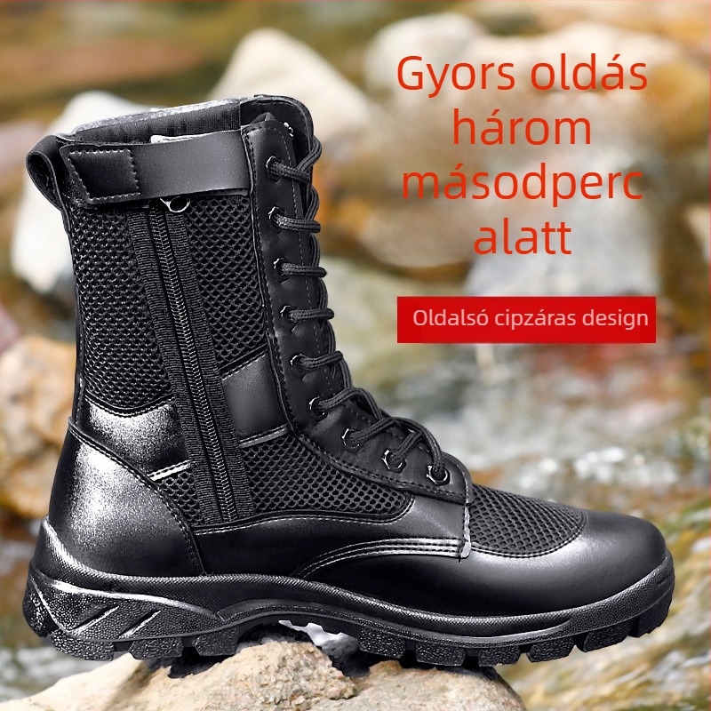 Nyári cipzáras hálós harci csizma, férfi ultra könnyű, lélegző, szerszámos Martin csizma, kültéri, magas szárú biztonsági cipő, szolgálati cipő