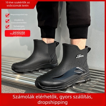 2025 új divatos vízálló, csúszásmentes konyhai vízicipő, rövid cső, megvastagított, kopásálló, autómosóba való, horgászcipő, esős időben, férfi cipő