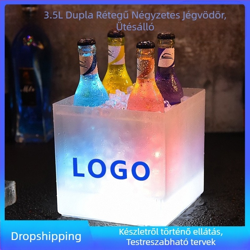 Spot négyzet alakú, kétrétegű, matt PP műanyag világító jégvödör, kicsi, 3,5 literes, elemes sörös, pezsgős jégvödör