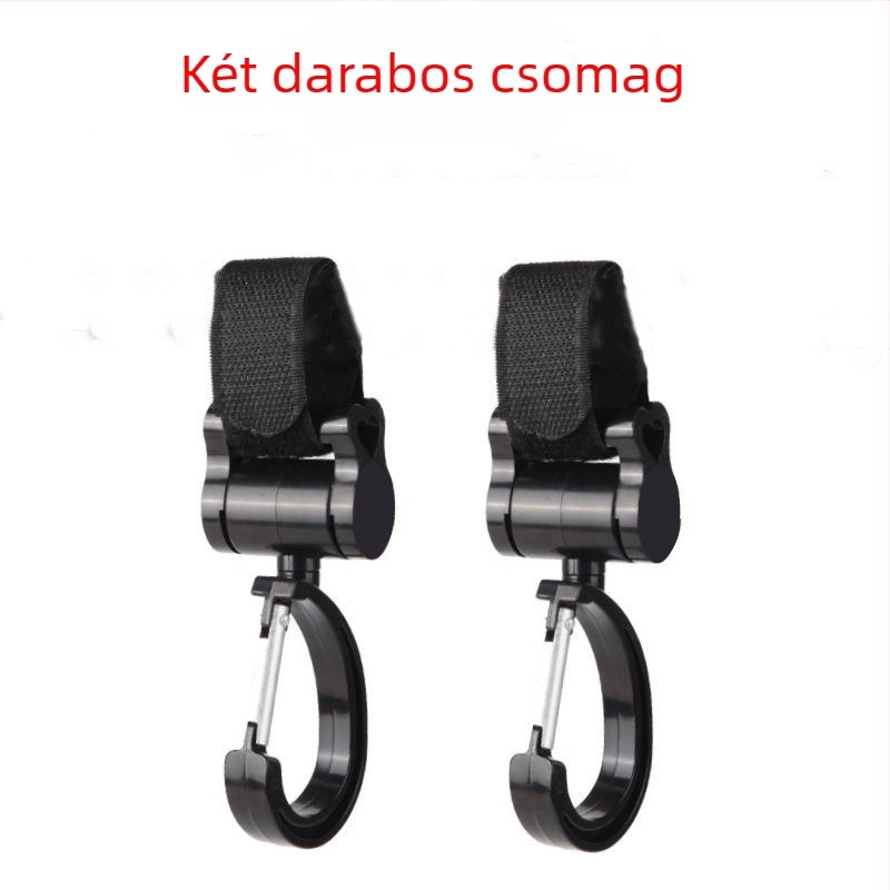 Babakocsi akasztó, Gyermek babakocsi akasztó kiegészítő, 360 fokban forgatható nagy akasztó, Esernyő babakocsi tépőzáras akasztó, 2 darab