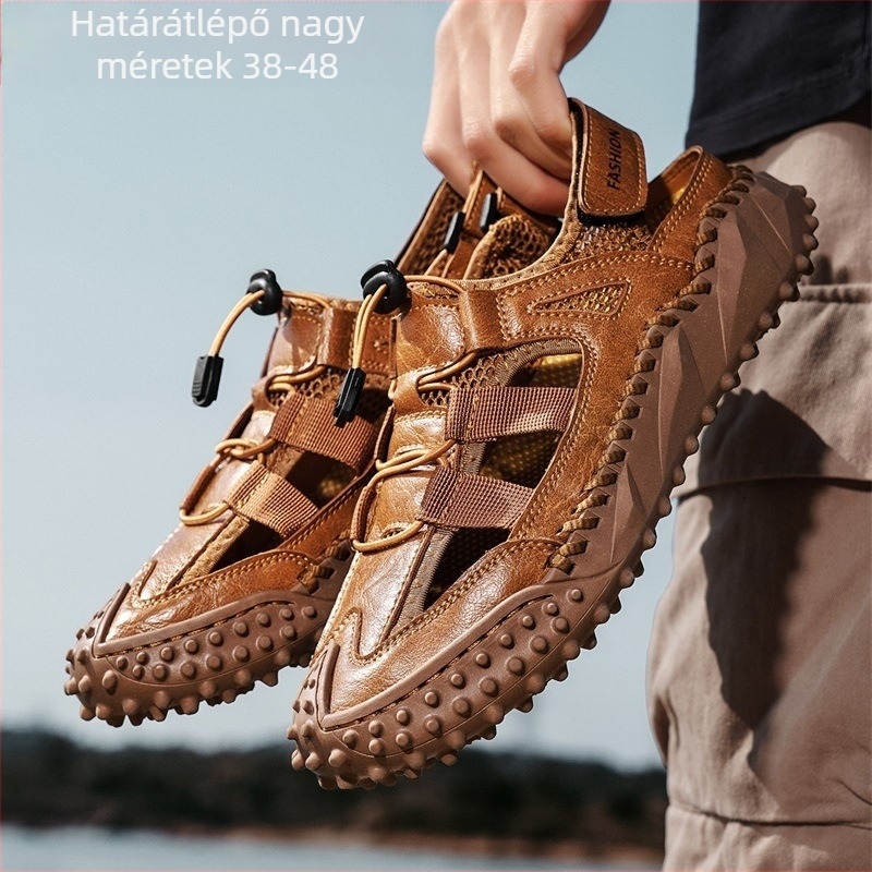 Határokon átnyúló, plus size AliExpress szandálok, férfi divatos, egy pedálos, alkalmi cipők, 2025-ös nyári, ultra-rostos bőrcipők nagykereskedelemben