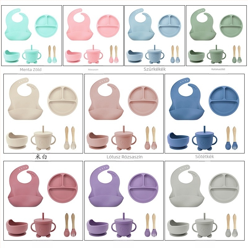 Anya és baba szilikon étkészlet, bébiétel tál, etetőeszközök, élelmiszeripari minőségű szilikon tányér, előke, vizespohár, villa és kanál, határokon átnyúló