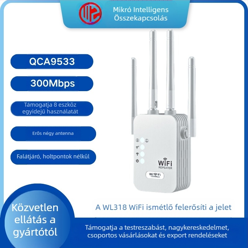 Négyantennás Wifi vezeték nélküli hálózaterősítő/300M-es jelerősítő a könnyű, teljes házat lefedő rendszerhez, holtpontok nélkül a falakon keresztül