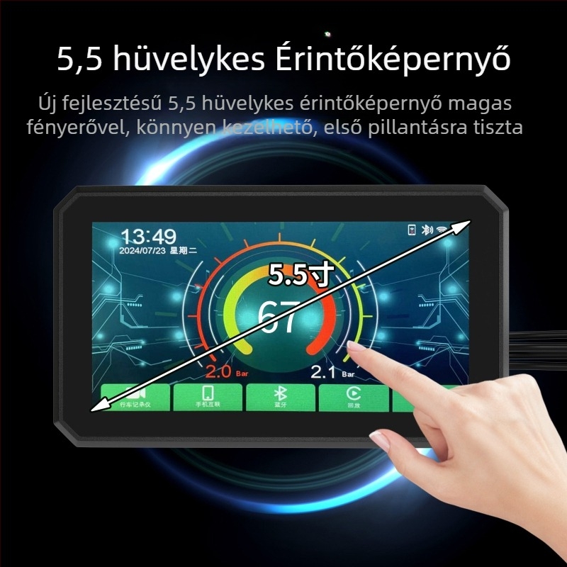 5,5 hüvelykes motorkerékpár-vezetési felvevő vezeték nélküli Carplay vetítőképernyő navigáció gumiabroncsnyomás-érzékelés első és hátsó kettős lencsék