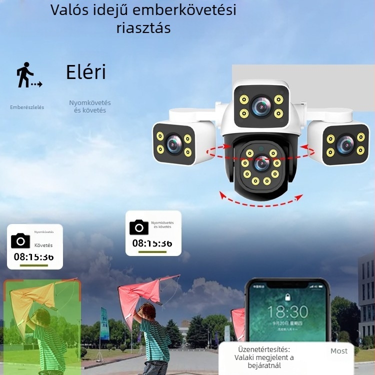 Mini háromlencsés, háromképernyős, többszögű megfigyelőrendszer, vezetékes/Wifi hálózati megfigyelőkamera, kültéri, vízálló