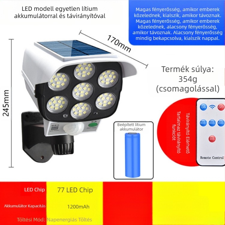 Határokon átnyúló távirányítós napelemes szimulációs megfigyelő lámpa indukciós utcai lámpa fali lámpa kerti lámpa LED-es hamis kamera lopásgátló lámpa