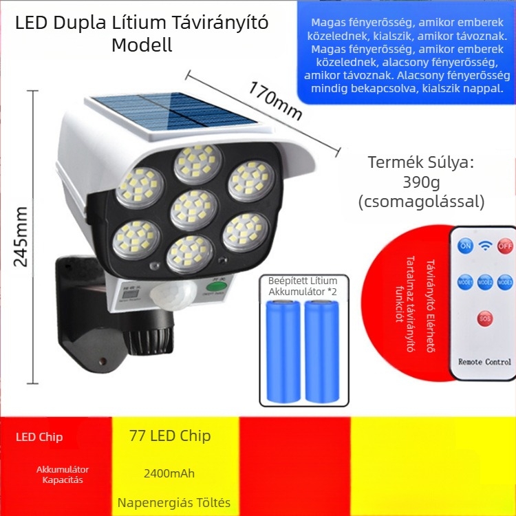 Határokon átnyúló távirányítós napelemes szimulációs megfigyelő lámpa indukciós utcai lámpa fali lámpa kerti lámpa LED-es hamis kamera lopásgátló lámpa