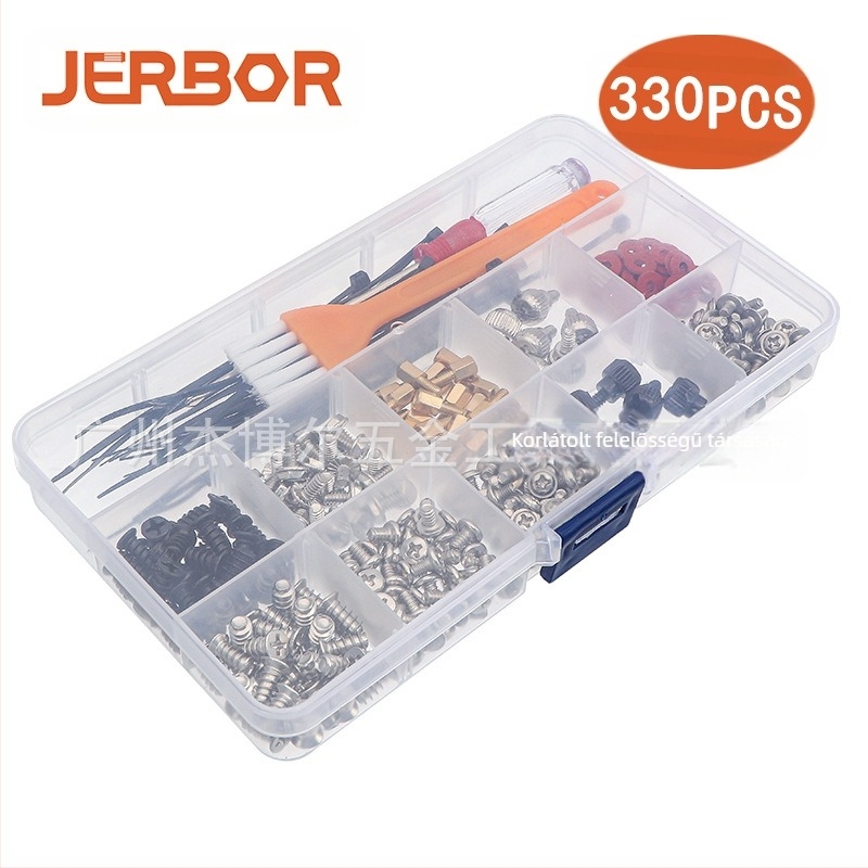 330 db dobozos, kereszt alakú süllyesztett fejű csavar, asztali alváz rögzítőcsavarok, csavarhúzó kombinációs öltöny