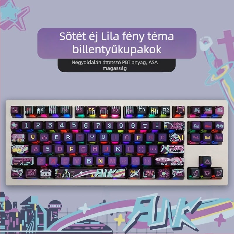 Sötét éjszakai lila fénytémájú billentyűsapka PBT négyoldalas átlátszó hőszublimációs MDA dupla rétegű tej alakú gömbkupak 84/87/98/117