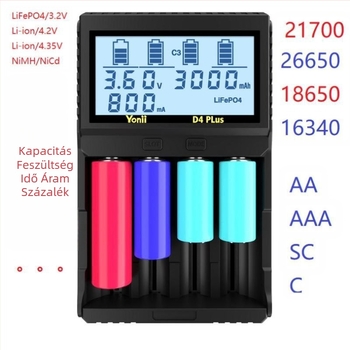 R4 csatlakozó 18650 lítium akkumulátor AA5 Ni-MH akkumulátor 21700LCD intelligens töltő 4 foglalatú kapacitásmérés