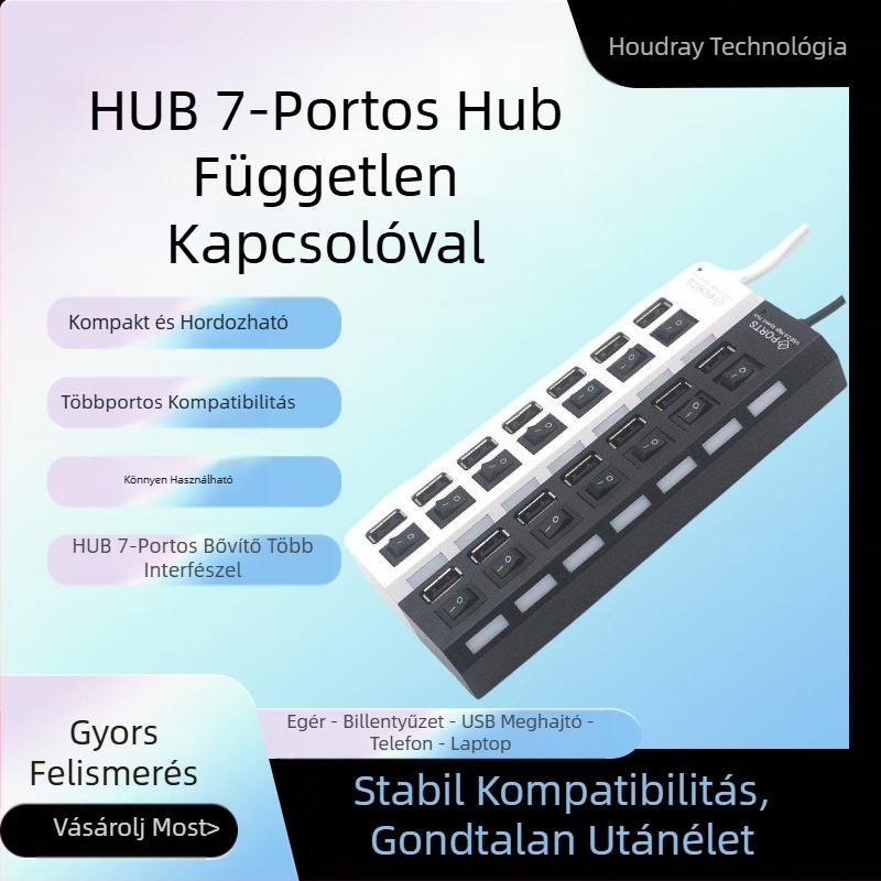 7 portos elosztó, 7 portos elosztó, 7 portos független kapcsolóval és világítással, 7 lyukas hosszabbító, több interfészes
