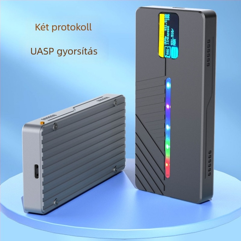 Határokon átnyúló intelligens kijelzős m.2 SSD NVME/NGFF kettős protokollal rendelkező alumíniumötvözet mobil merevlemez-doboz