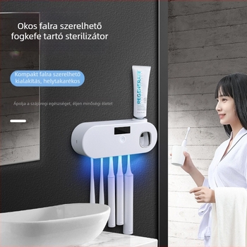 Intelligens UV sterilizáló fogkefetartó doboz fürdőszobai automata fogkrémprésszel, ütésmentes, falra szerelhető mosdókészlettel