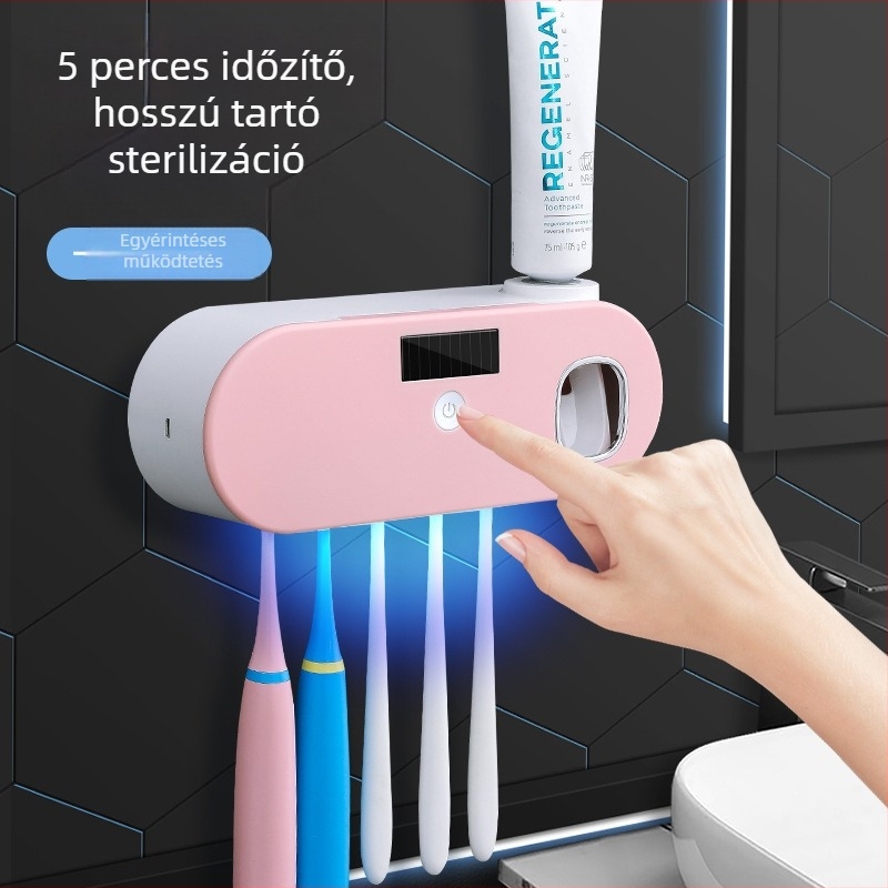 Intelligens UV sterilizáló fogkefetartó doboz fürdőszobai automata fogkrémprésszel, ütésmentes, falra szerelhető mosdókészlettel