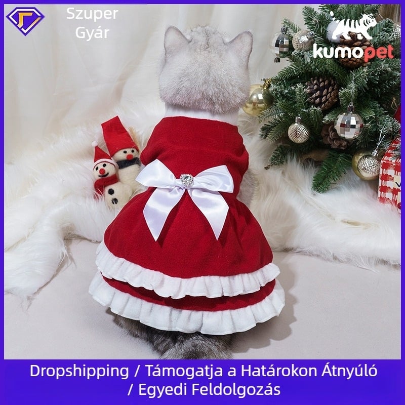 Karácsonyi stílusú kétoldalas polár garbó, gyönyörű strasszos masnival, tortaszoknya, állatruha forrásgyár