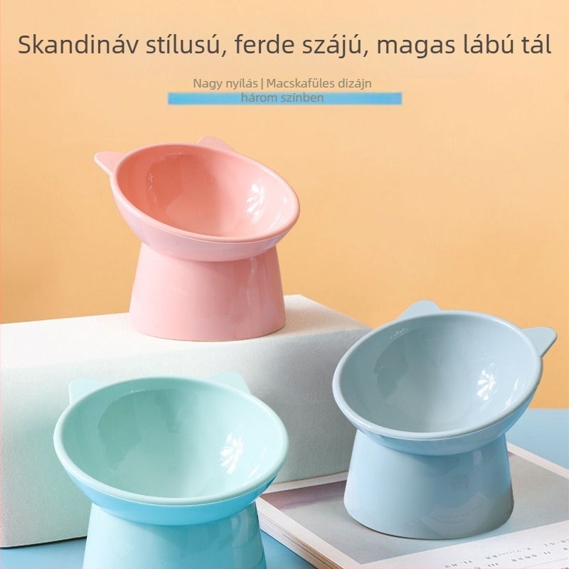 Háziállatok etetőtál ferde szájú kialakítással és nyakvédővel, nagy átmérőjű, macskák és kutyák számára