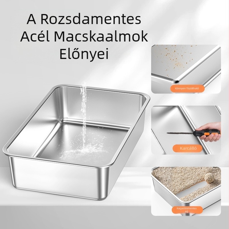 Rozsdamentes acél macskaalomtál Könnyen tisztítható macskaalomtál Túlméretezett cseppálló Homokálló Cseppálló Zárt macskaalomtál
