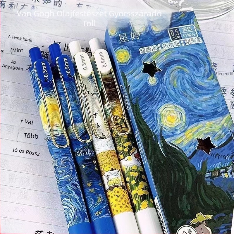 Van Gogh csillagos égbolt gyorsan száradó ecsettoll, olajfestmény stílusú fém nyomótoll, diákvizsgára készült fekete toll, irodai aláírással ellátott toll