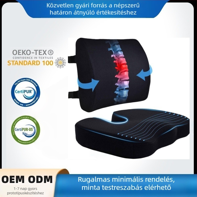 Autó Iroda Otthon Lassú visszapattanású memóriahabos üléspárna plusz deréktámasz Ergonomikus, hosszú távú ülés, nem fárasztó, kivehető és mosható