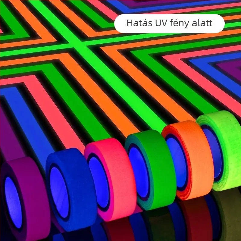 UV-fluoreszkáló szövetszalag, fotózási csapat jelölő kellékei, színpadi pozicionáló jelölés, számozás, nagy tapadású, kopásálló szövetmintázó szalag