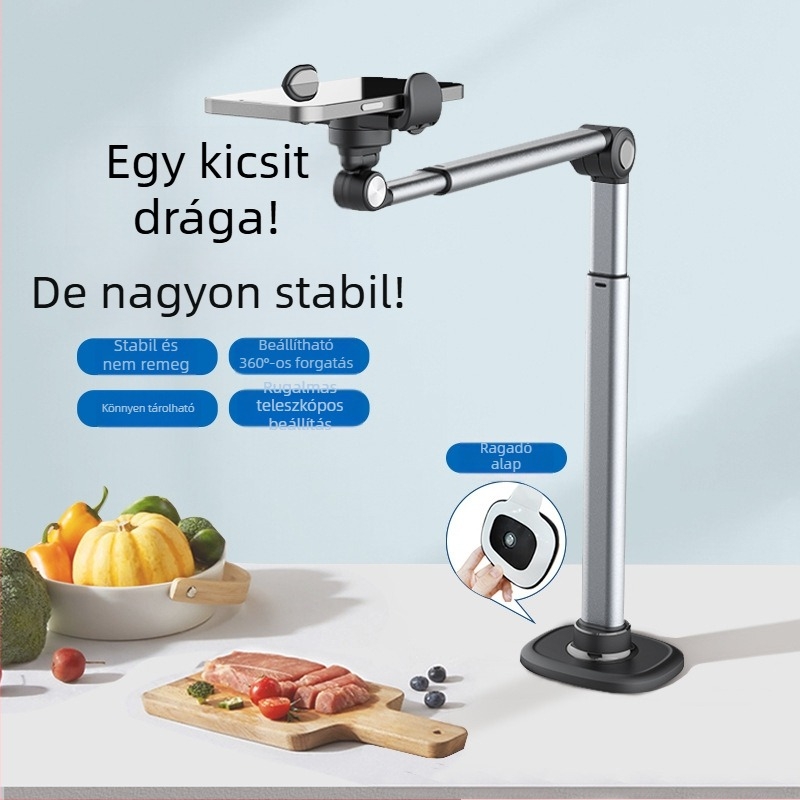 Mobiltelefon élő közvetítést lehetővé tevő fej feletti állvány, alumínium ötvözet, 360 fokos forgatás, teleszkópos állítás, lusta ágy fejtámlája asztali élő közvetítési kütyü