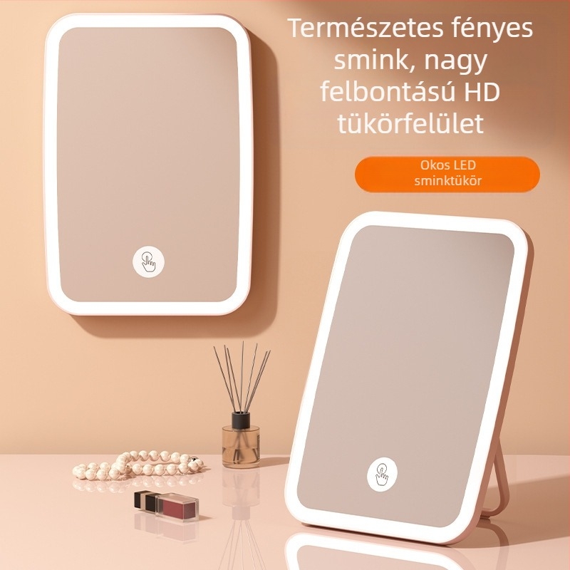 Kozmetikai tükör újratölthető LED-es lámpával, púderes rúzs, kettős célú, nagyított szépségtükör, kézi, kétoldalas, összecsukható, hordozható
