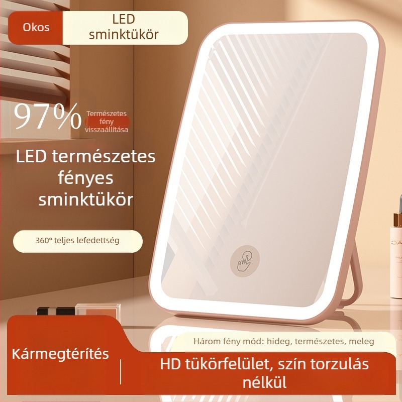 Kozmetikai tükör újratölthető LED-es lámpával, púderes rúzs, kettős célú, nagyított szépségtükör, kézi, kétoldalas, összecsukható, hordozható
