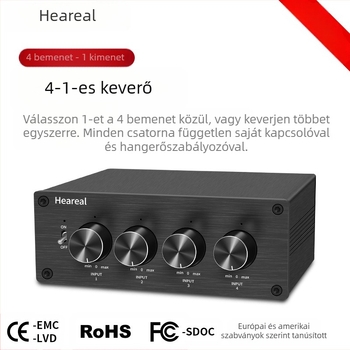 4 be-1 kimenetes keverő, többcsatornás egyidejű bemenet, HiFi kétcsatornás audio, négyutas bemenet, egyutas kimeneti hangolás