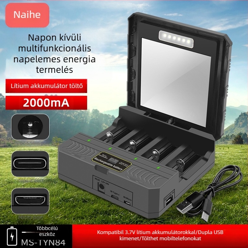 18650 lítium akkumulátortöltő, többfunkciós, gyors töltésű, kültéri napelemes, négy nyílásos intelligens töltő 26650