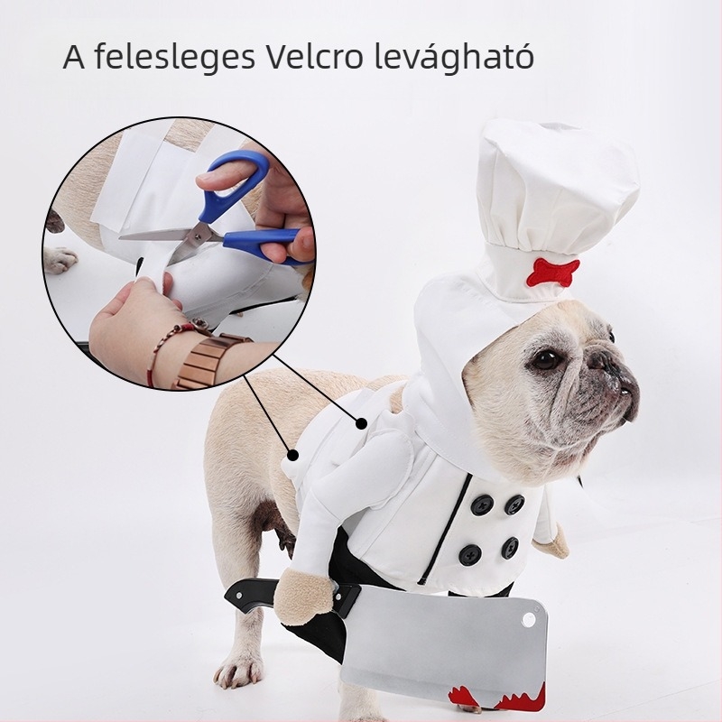 Francia bulldog, bichon, vicces átalakító jelmez, háziállat-szimulációs szakács egyenruha késsel macskáknak és kutyáknak, halloweeni kétlábú jelmezszett
