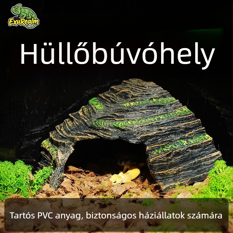 Hüllőbúvóhely, Menedék, Mászóplatform, Sütőztetőplatform, Teknősgyantás dekoráció, Díszlet, Gekkó táj, Hüllőbekerítés