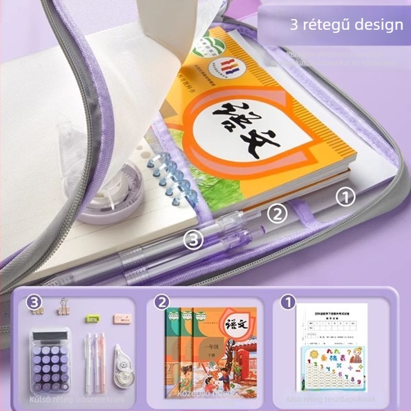 L alakú tantárgyi osztályozó táska, átlátszó irattáska, cipzáras, nagy nyílású, hordozható könyvtáska, vizsgapapír-tároló táska