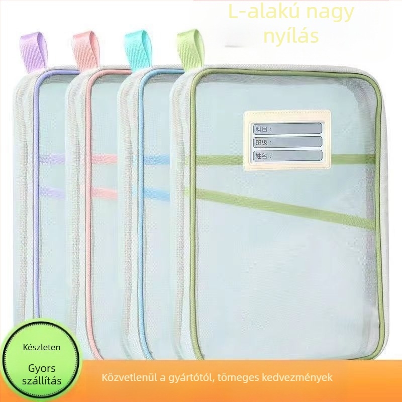 L alakú tantárgyi osztályozó táska, átlátszó irattáska, cipzáras, nagy nyílású, hordozható könyvtáska, vizsgapapír-tároló táska