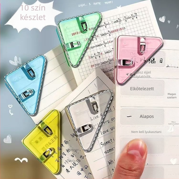 Háromszög alakú élcsipesz mappapapír-csipesz fix bilincs vizsgadolgozatok rögzítéséhez, hullámosodásgátló könyvcsipesz, multifunkcionális sarokcsipesz