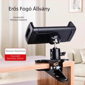 Fém, erős, csipeszes, dönthető/panorámás asztali mobiltelefon-tartó rögzítő tartozékok, csipeszes talp, 17,4 mm-es dupla gömbfejjel, dönthető/panorámás